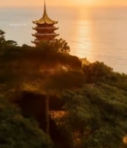  海边古塔日落全景4862#竖屏 	 