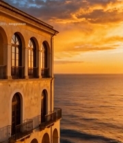  海边建筑日落全景2964#竖屏 	 