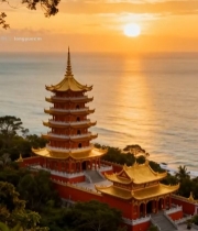  海边古风楼阁日落景观1712#竖屏 	 