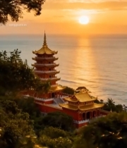  海边古建筑日落景观5148#竖屏 	 