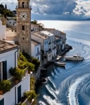  海岸钟楼旁船只航行景观5711#竖屏 	 