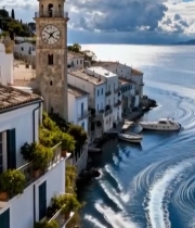  海岸钟楼旁船只航行景观5711#竖屏 	 