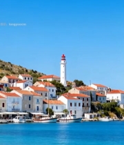  海岸边红顶房屋与灯塔景观2418#竖屏 	 