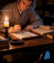  古代男子烛光下毛笔书写6748#竖屏 	 