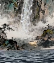  古风山水瀑布夕阳景观3658#竖屏 	 