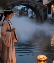  古风女子于水乡河畔放莲花灯2976#竖屏 	 