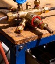  工作台上的黄铜阀门与压力表4338#竖屏 	 