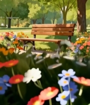  公园长椅旁的花草树木景观7876#竖屏 	 