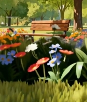  公园长椅旁的花草树木景观7876#竖屏 	 