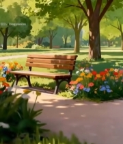  公园长椅旁的多彩花卉绿植景观3949#竖屏 	 