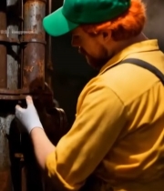  工人在工厂内仰头查看管道1309#竖屏 	 