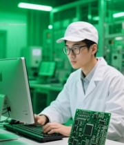  工人在工厂操作电脑检查芯片1579#竖屏 	 