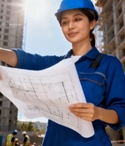  工地女工程师手持图纸7612#竖屏 	 
