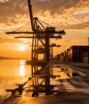  港口码头集装箱起重机日落景象7442#竖屏 	 