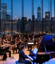  钢琴演奏会现场与城市景观5434#竖屏 	 