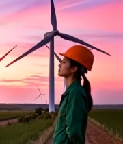  风电女工人眺望风车5305#竖屏 	 