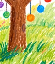  儿童绘画中的树木与彩球5321#竖屏 	 