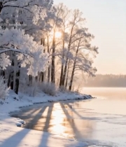  冬日雪林湖畔阳光景色933#竖屏 	 