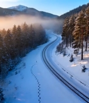  冬季山林铁路雪景航拍素材5790#竖屏 	 