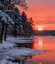  冬日湖边日落雪景4086#竖屏 	 
