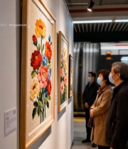  地铁站乘客观赏花卉画作6404#竖屏 	 