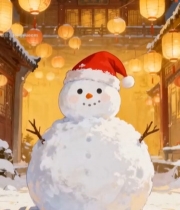  戴圣诞帽雪人于中式古建雪景4535#竖屏 	 
