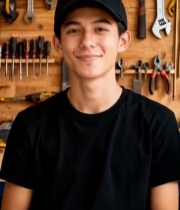  戴帽男子工具墙前微笑特写2869#竖屏 	 