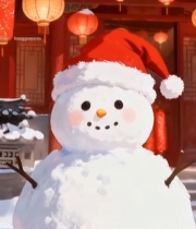  戴圣诞帽雪人于中式建筑前3867#竖屏 	 