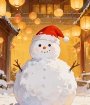  戴圣诞帽雪人于中式古建雪景4535#竖屏 	 