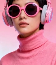  戴耳机墨镜的粉色系穿搭女孩5718#竖屏 	 