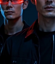  戴红色发光眼镜的男子特写431#竖屏 	 