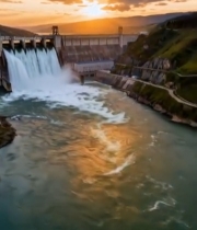  大坝日落泄洪全景7661#竖屏 	 