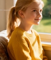  窗边微笑的金发女孩6113#竖屏 	 