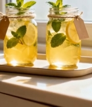  窗边托盘上的柠檬薄荷饮料(1)7766#竖屏 	 