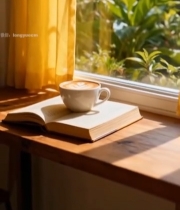  窗边木桌上咖啡与书籍画面2410#竖屏 	 