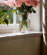 窗边花瓶中的粉色玫瑰花3070#竖屏 	 