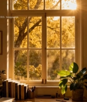  窗边书桌秋日阳光景象7514#竖屏 	 