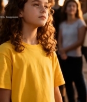  穿黄衣卷发女孩凝望画面4282#竖屏 	 