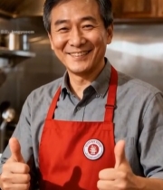  厨房中穿围裙男子竖大拇指408#竖屏 	 