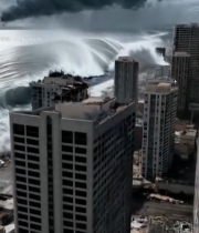  城市遭遇巨大海浪冲击画面6032#竖屏 	 