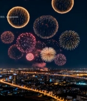  城市夜空绽放的绚烂烟花6500#竖屏 	 