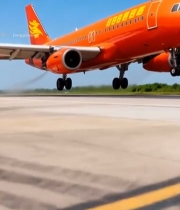  橙色客机于跑道起飞瞬间3462#竖屏 	 