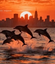  城市日落海豚跃出水面场景522#竖屏 	 