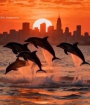  城市日落海豚跃出海面7372#竖屏 	 