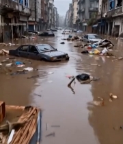  城市街道洪涝淹没汽车场景5744#竖屏 	 