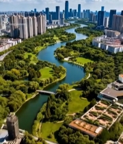  城市河流公园鸟瞰全景2340#竖屏 	 