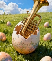  草地上彩蛋中露出的金色小号5102#竖屏 	 