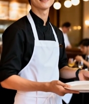  餐厅内微笑的男服务员3393#竖屏 	 