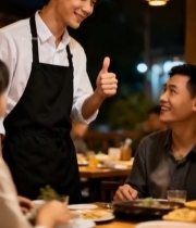  餐厅服务员对顾客竖大拇指4331#竖屏 	 