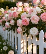  白色栅栏旁盛开的粉色月季花12#竖屏 	 